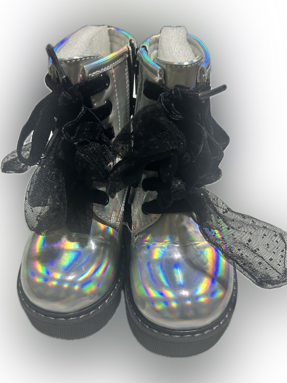 Sophie Taylor Kids Holographic Lace-Up Boots with Black Ribbon Laces